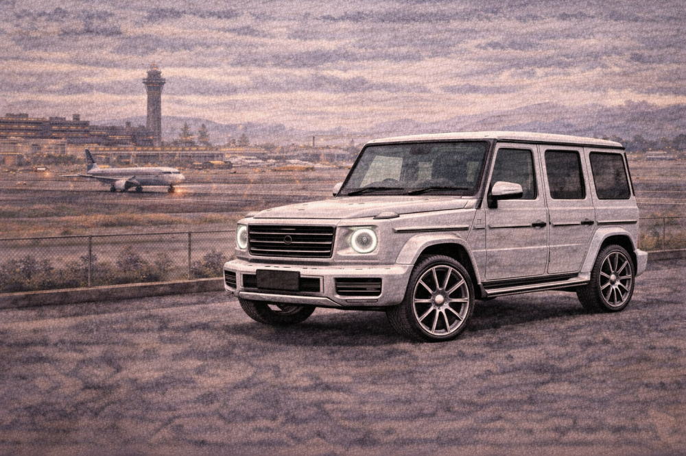 ベンツGクラスは年収いくらを解説する記事用イメージ画像。空港が見える景色と高級車風イラスト。