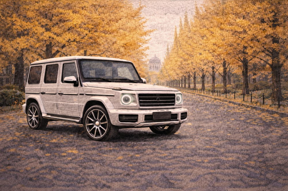 ベンツGクラスは年収いくらを解説する記事用イメージ画像。銀杏並木と高級車風イラスト。