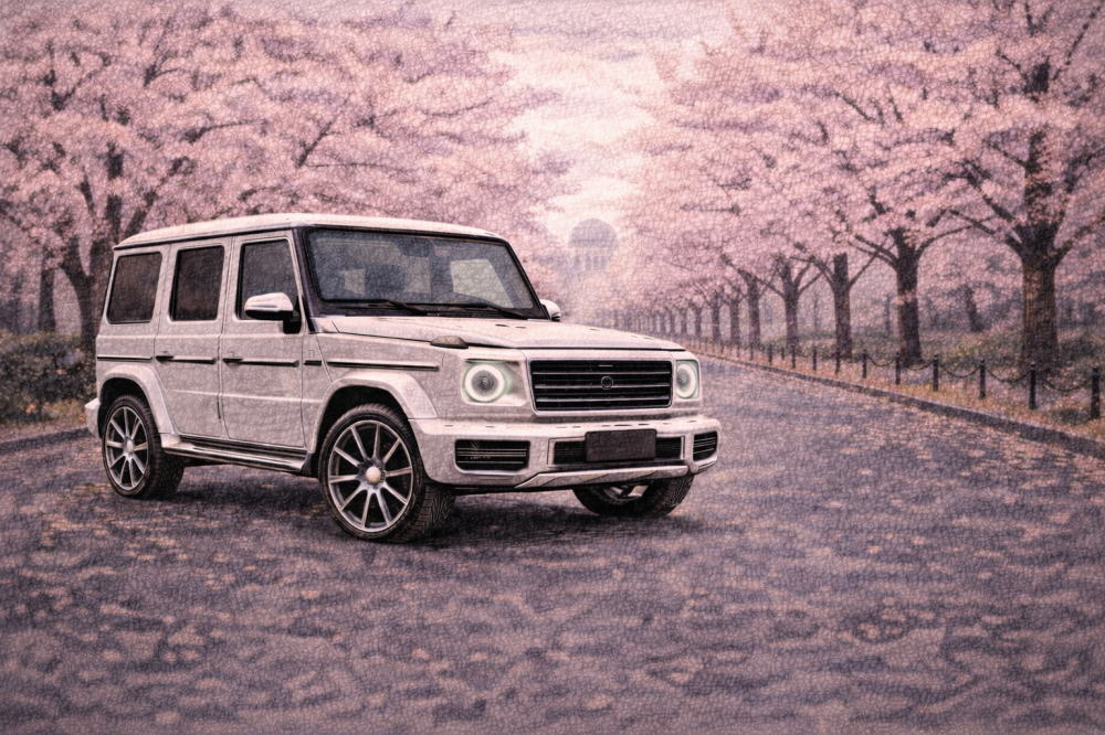 ベンツGクラスは年収いくらを解説する記事用イメージ画像。桜並木と高級車風イラスト。