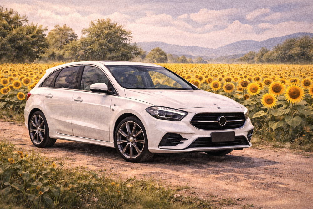 ベンツBクラスはなぜ安いを解説する記事用イメージ画像。ひまわり畑と高級車風イラスト。