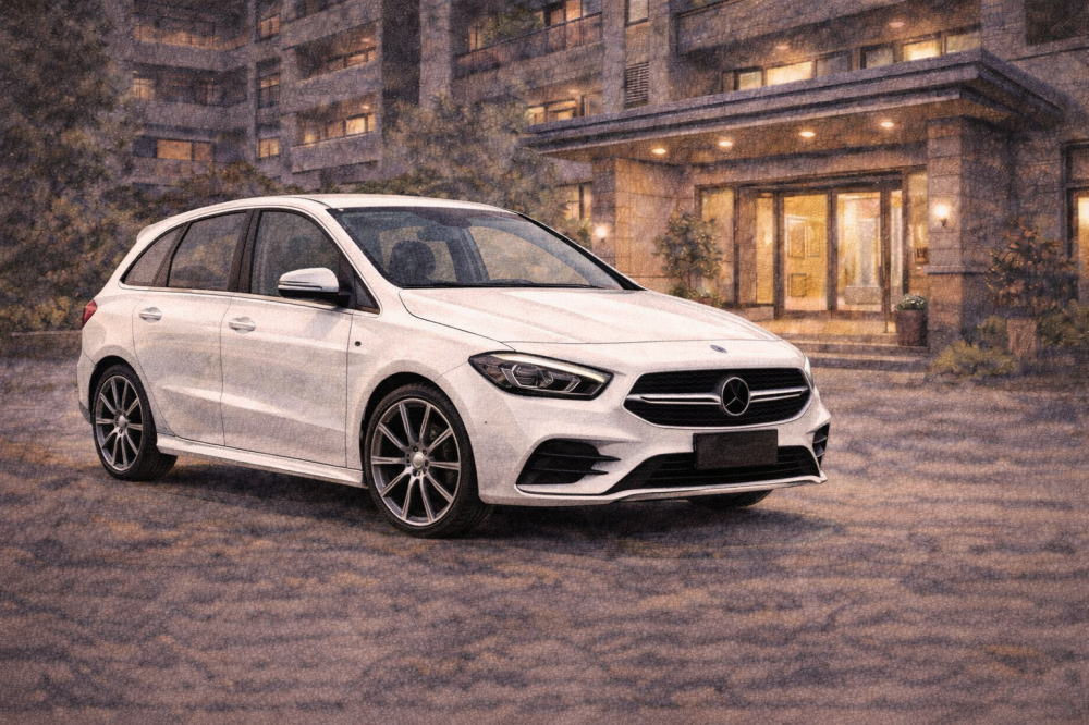 ベンツBクラスはなぜ安いを解説する記事用イメージ画像。マンションの玄関前と高級車風イラスト。