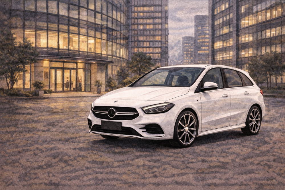 ベンツBクラスはなぜ安いを解説する記事用イメージ画像。オフィスビルの前と高級車風イラスト。