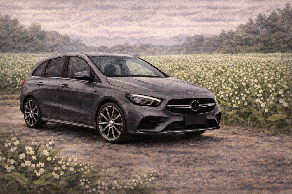 ベンツBクラスは本当に「貧乏人の車」を解説する記事用イメージ画像。すずらんの畑と高級車風イラスト。