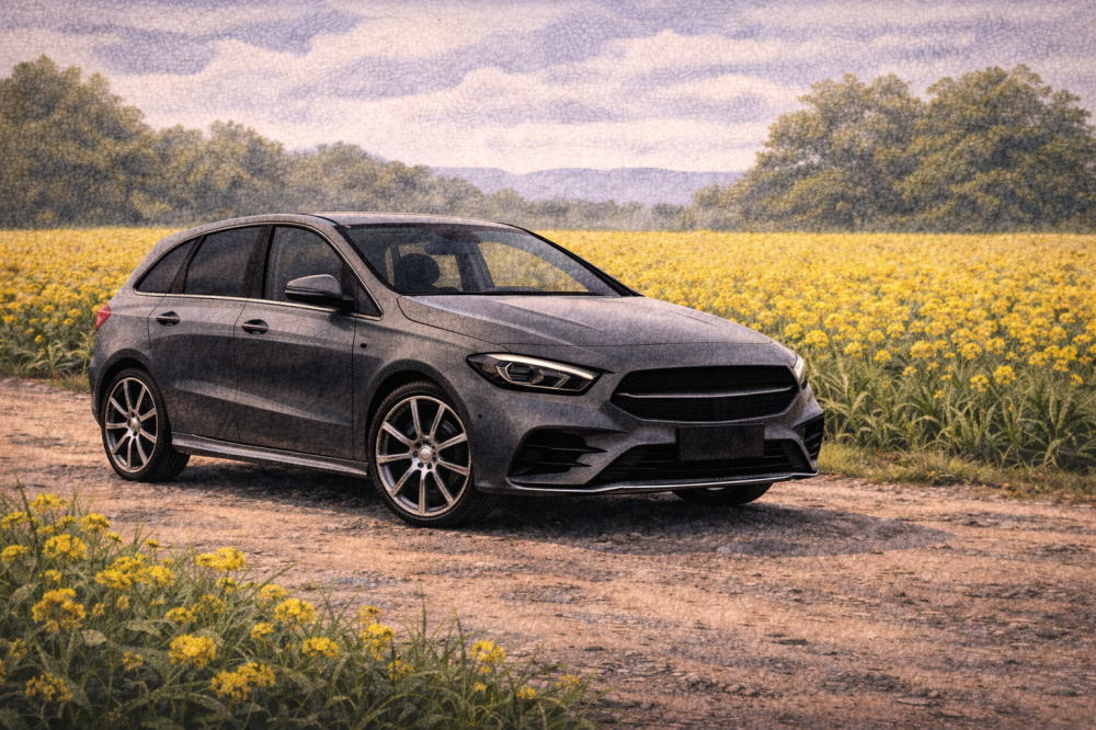 ベンツBクラスは本当に「貧乏人の車」を解説する記事用イメージ画像。菜の花畑と高級車風イラスト。