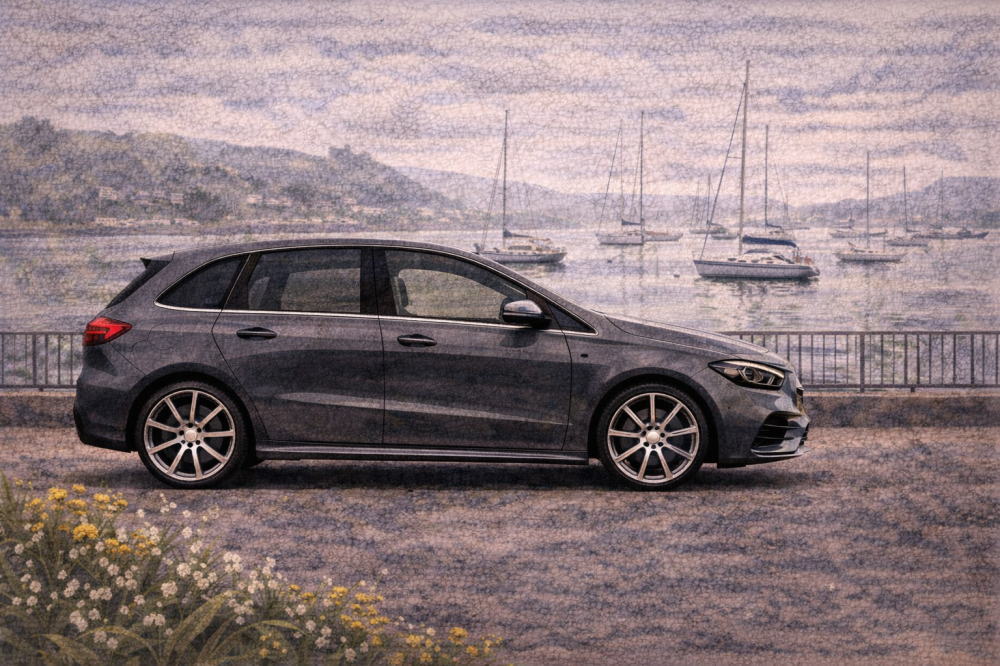 ベンツBクラスは本当に「貧乏人の車」を解説する記事用イメージ画像。ヨットが見える景色と高級車風イラスト。