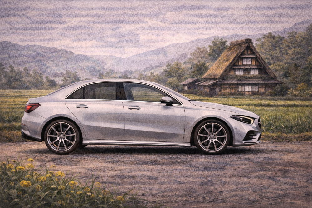 ベンツAクラスで後悔を解説する記事用イメージ画像。古民家の見える風景と高級車風イラスト。