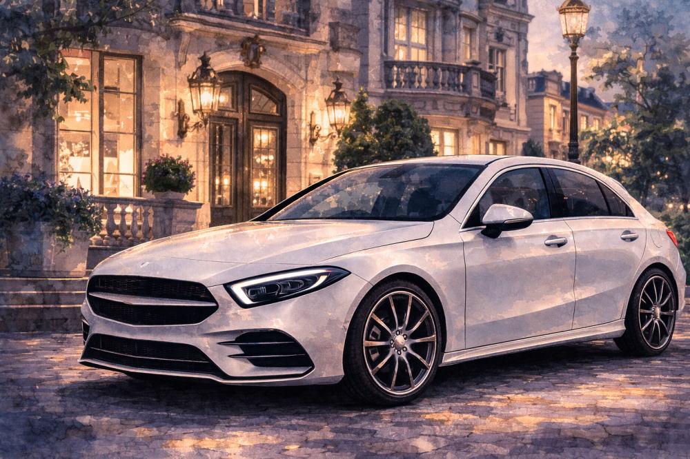 女性が選ぶ「小さめベンツ」を解説する記事用イメージ画像。西洋風な建物と高級車風イラスト。