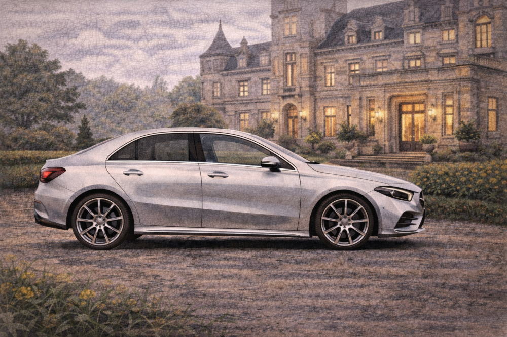 ベンツAクラスで後悔を解説する記事用イメージ画像。西洋風な建物の前と高級車風イラスト。