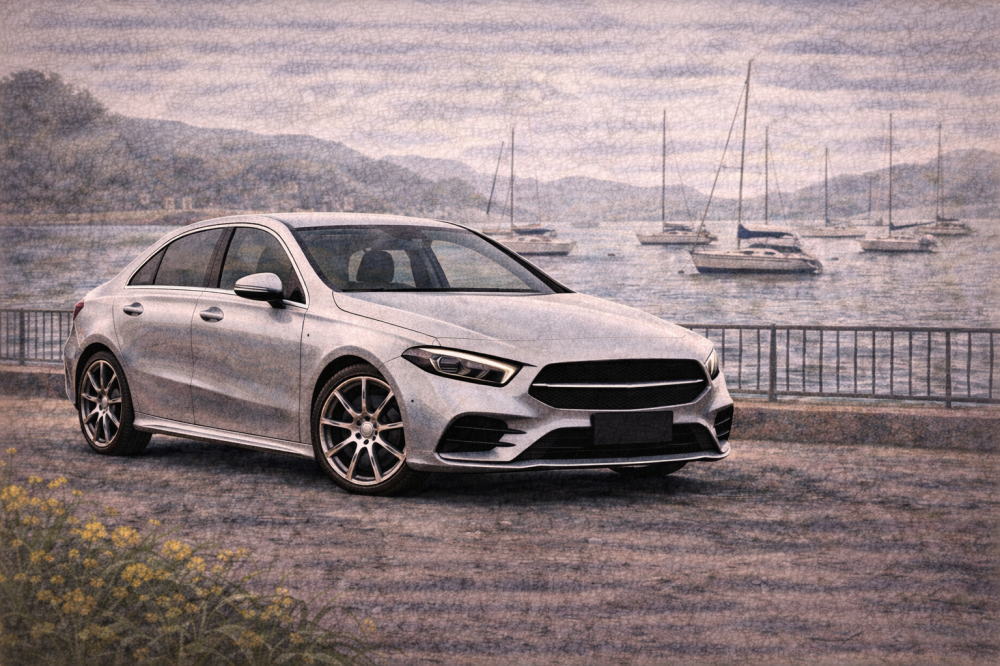 ベンツAクラスで後悔を解説する記事用イメージ画像。ヨットが見える景色と高級車風イラスト。