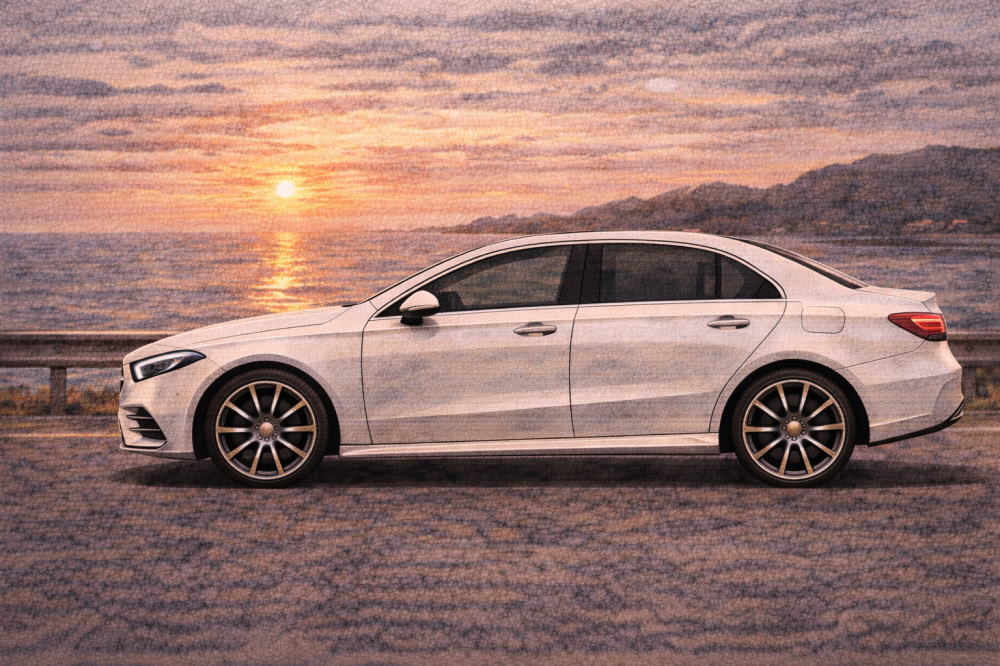 女性が選ぶ「小さめベンツ」を解説する記事用イメージ画像。夕焼けの海沿いと高級車風イラスト。