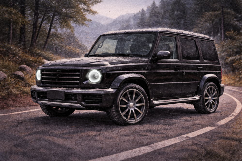 ベンツゲレンデは本当にダサいを解説する記事用イメージ画像。静かな山道と高級車風イラスト。