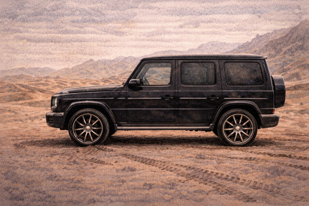 ベンツゲレンデは本当にダサいを解説する記事用イメージ画像。砂漠と高級車風イラスト。