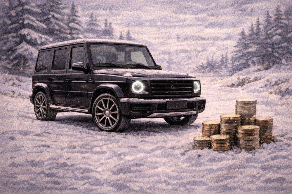 ベンツGクラスの維持費はいくらを解説する記事用イメージ画像。雪景色と高級車風イラスト。