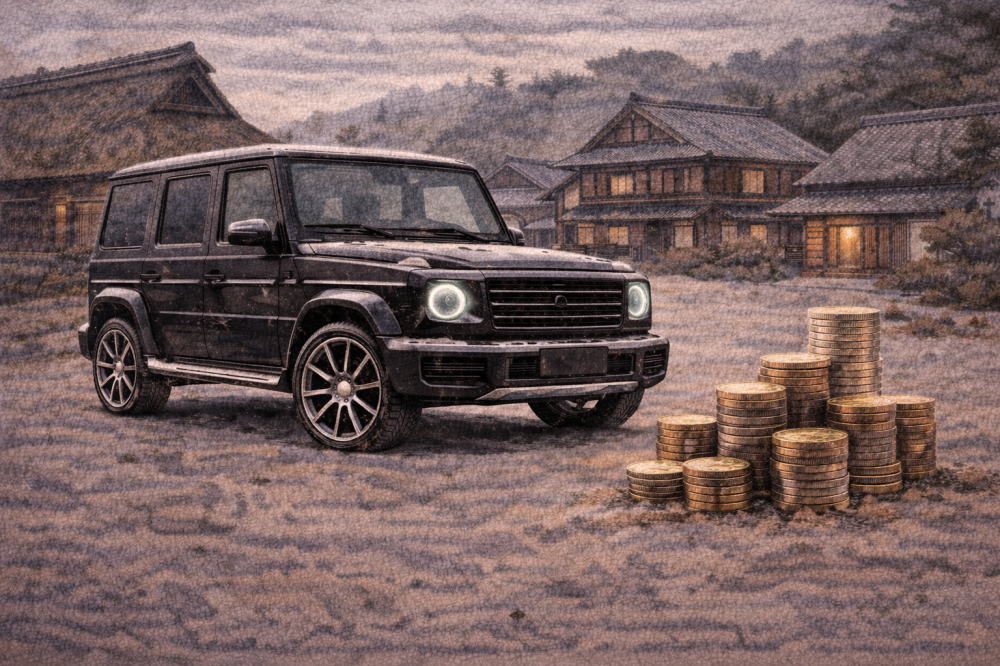 ベンツGクラスの維持費はいくらを解説する記事用イメージ画像。古民家の見える風景と高級車風イラスト。