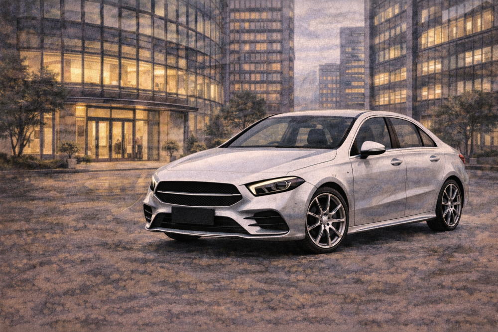 ベンツAクラスは貧乏で恥ずかしいを解説する記事用イメージ画像。オフィスビルの前と高級車風イラスト。