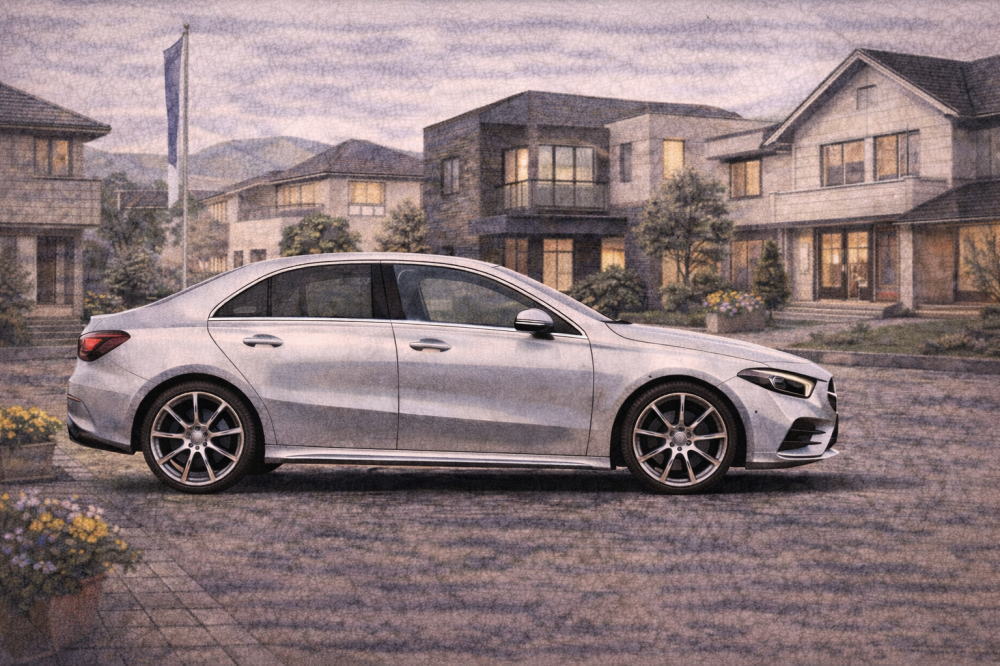 ベンツAクラスは貧乏で恥ずかしいを解説する記事用イメージ画像。住宅展示場と高級車風イラスト。