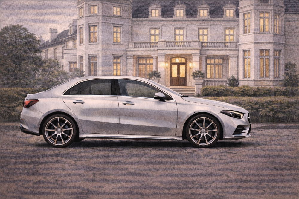 ベンツAクラスは貧乏で恥ずかしいを解説する記事用イメージ画像。西洋風な建物の前と高級車風イラスト。