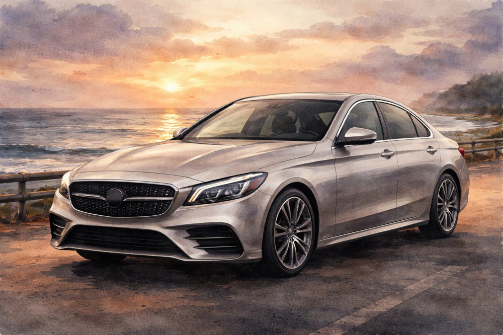 ベンツCクラスで後悔を解説する記事用イメージ画像。夕焼けの海沿いと高級車風イラスト。