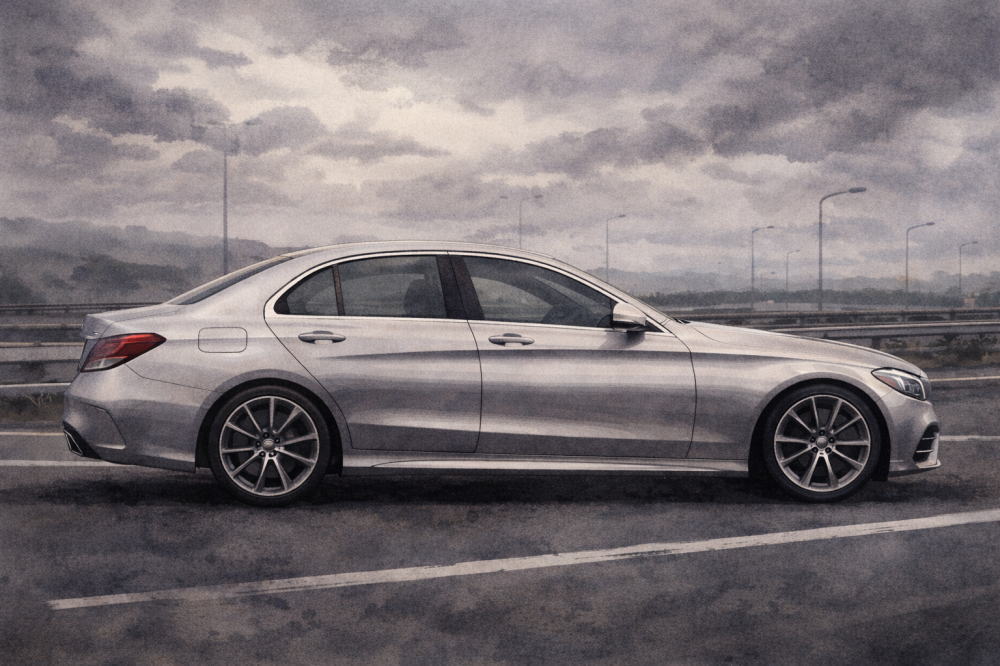 ベンツCクラスで後悔を解説する記事用イメージ画像。曇り空の高速道路と高級車風イラスト。