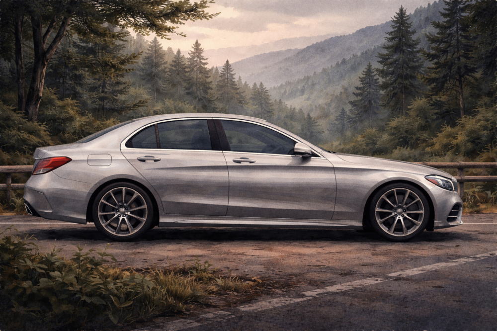 ベンツCクラスで後悔を解説する記事用イメージ画像。静かな山道と高級車風イラスト。