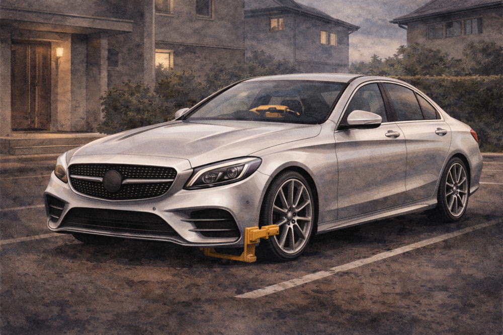 ベンツは本当に盗難されにくいを解説する記事用イメージ画像。住宅の駐車場と高級車風イラスト。