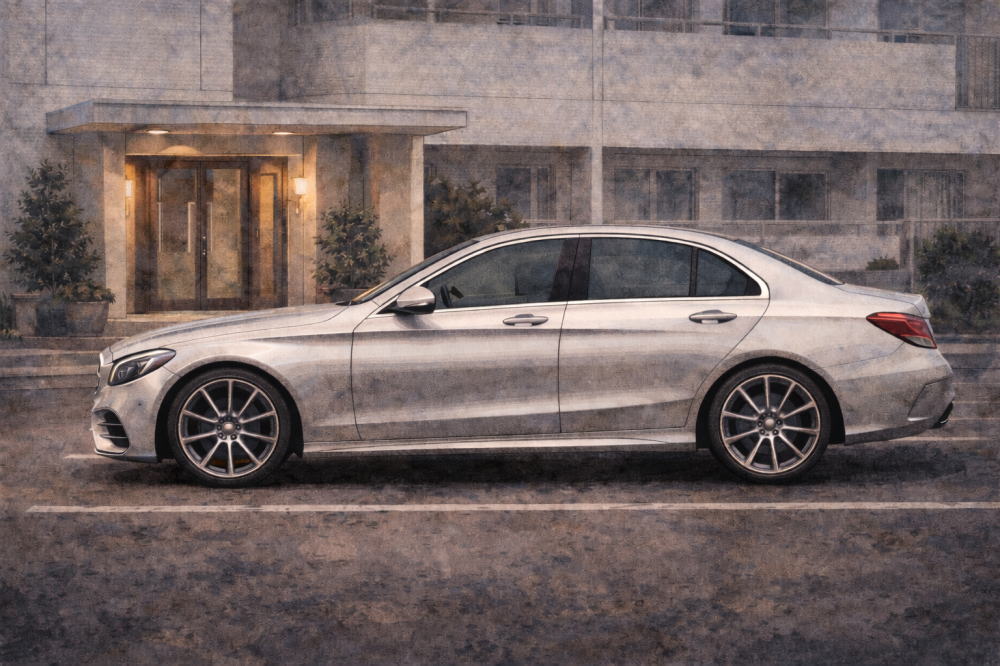 ベンツは本当に盗難されにくいを解説する記事用イメージ画像。白いマンションの玄関前と高級車風イラスト。