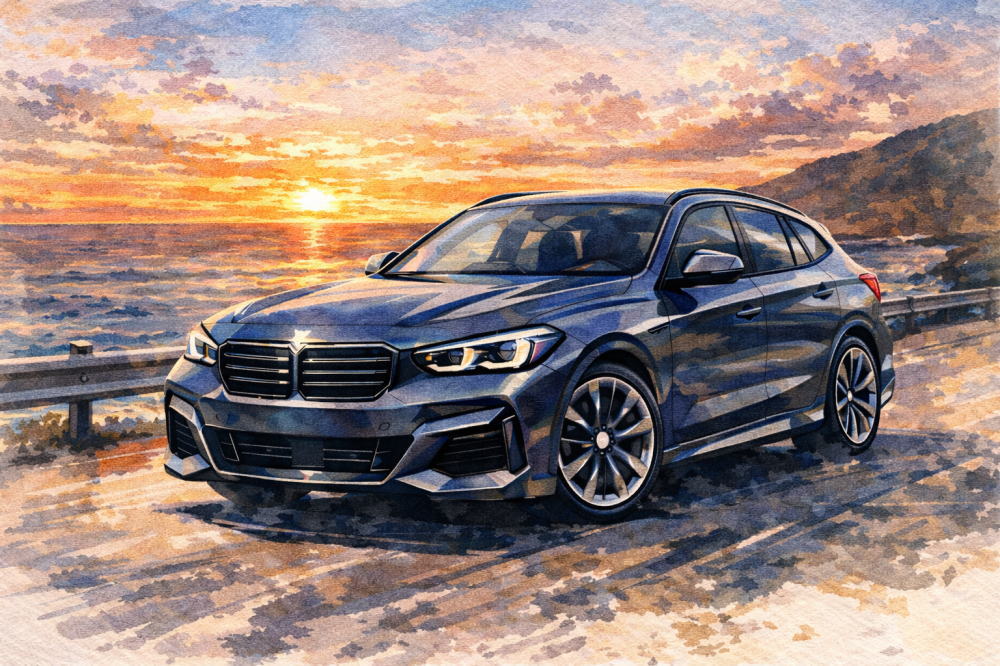 BMW X1が不人気と言われる理由を解説する記事用イメージ画像。夕焼けの海沿いと高級車風イラスト。