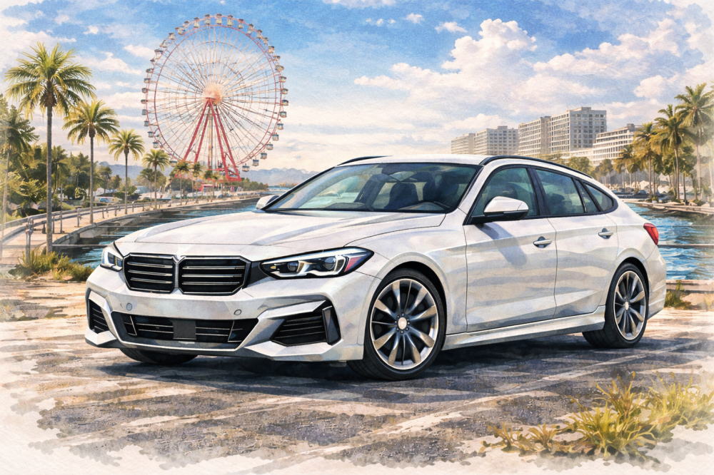 BMW5シリーズはなぜ不人気を解説する記事用イメージ画像。観覧車の見える風景と高級車風イラスト。