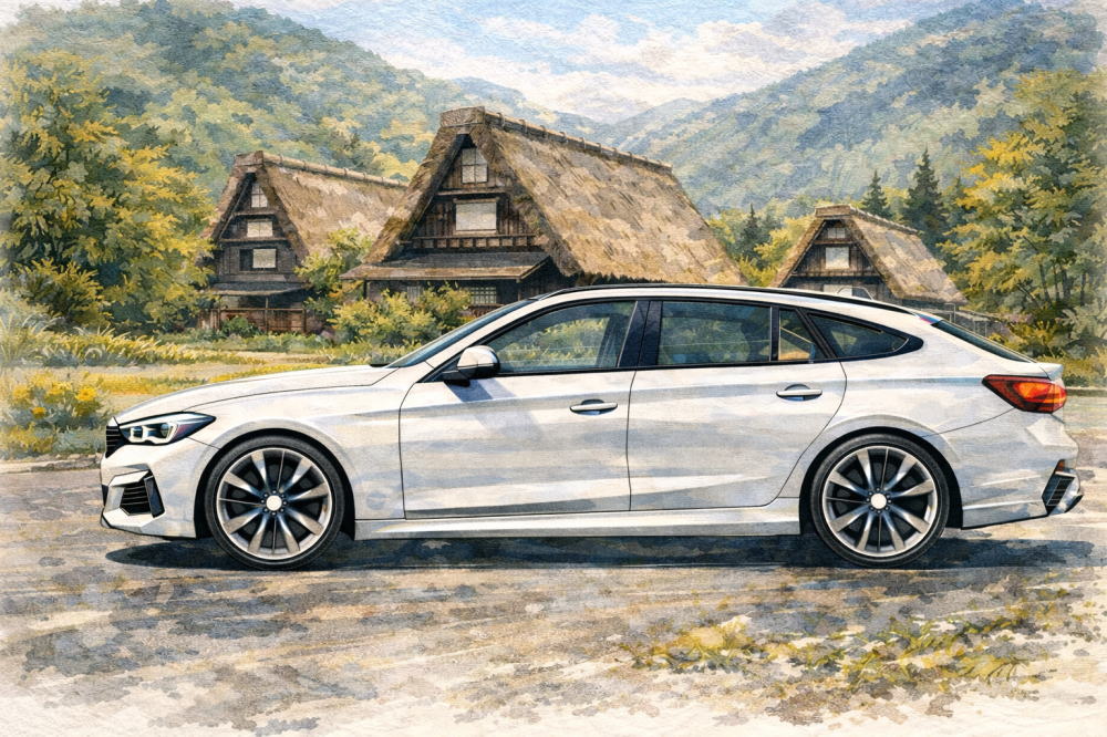 BMW5シリーズはなぜ不人気を解説する記事用イメージ画像。古民家の見える風景と高級車風イラスト。
