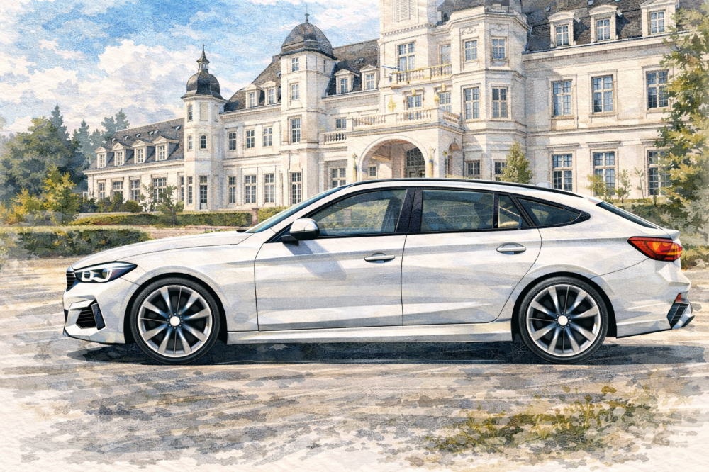 BMW5シリーズはなぜ不人気を解説する記事用イメージ画像。白い西洋風な建物の前と高級車風イラスト。