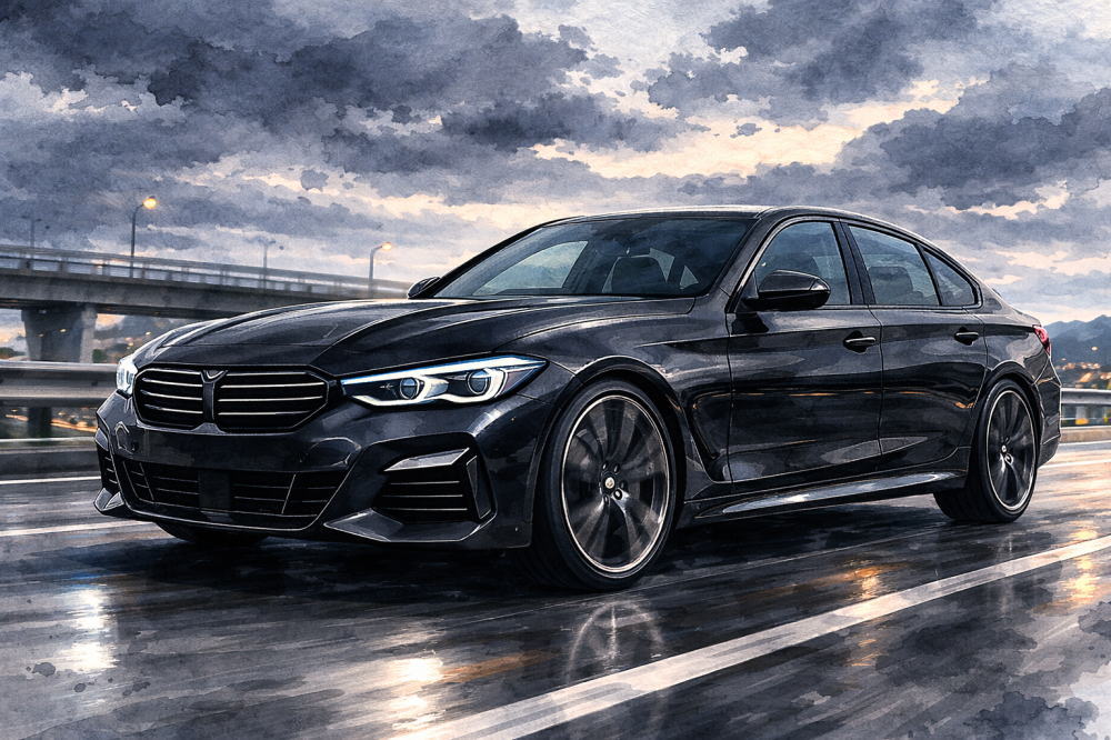 BMWディーゼルで後悔を解説する記事用イメージ画像。曇り空の高速道路と高級車風イラスト。