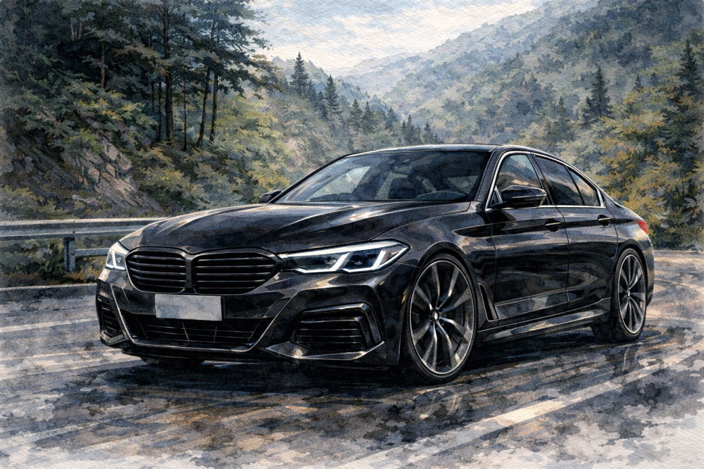 BMWディーゼルで後悔を解説する記事用イメージ画像。静かな山道と高級車風イラスト。