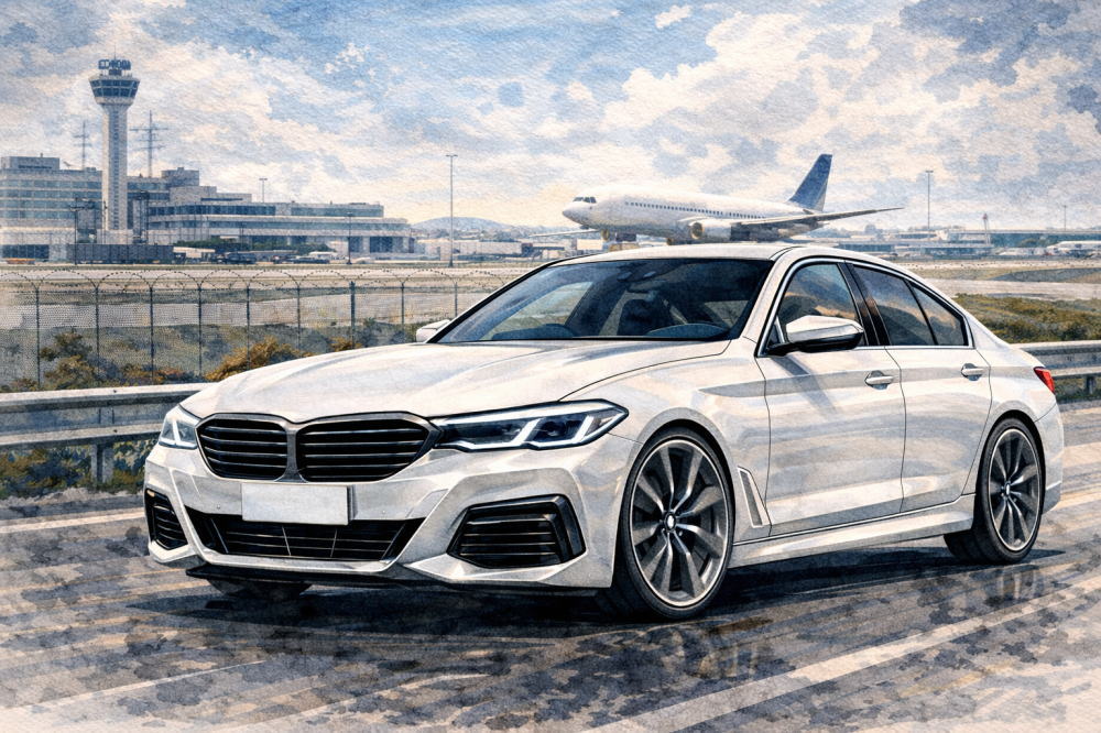 BMWディーゼルで後悔を解説する記事用イメージ画像。空港が見える景色と高級車風イラスト。