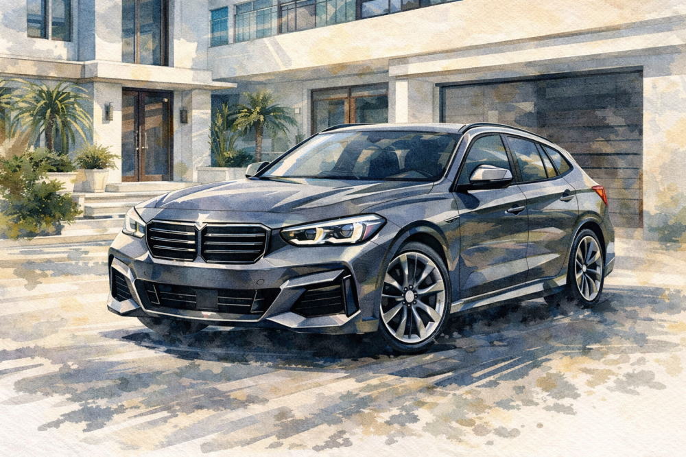 BMW X1は金持ちの車を解説する記事用イメージ画像。住宅の駐車場と高級車風イラスト。