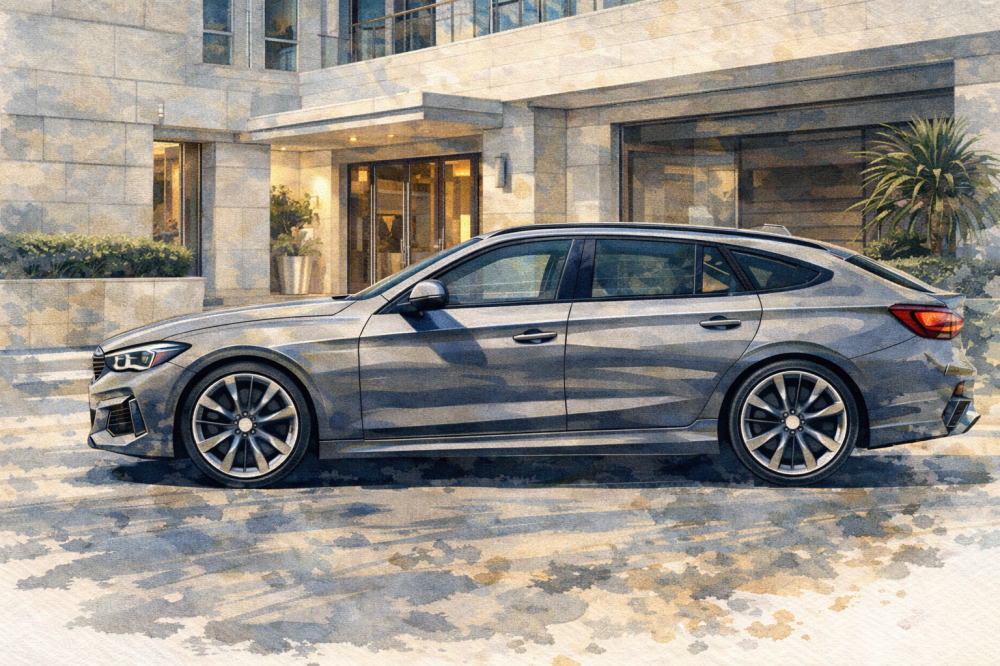 BMW X1は金持ちの車を解説する記事用イメージ画像。マンションの玄関前と高級車風イラスト。