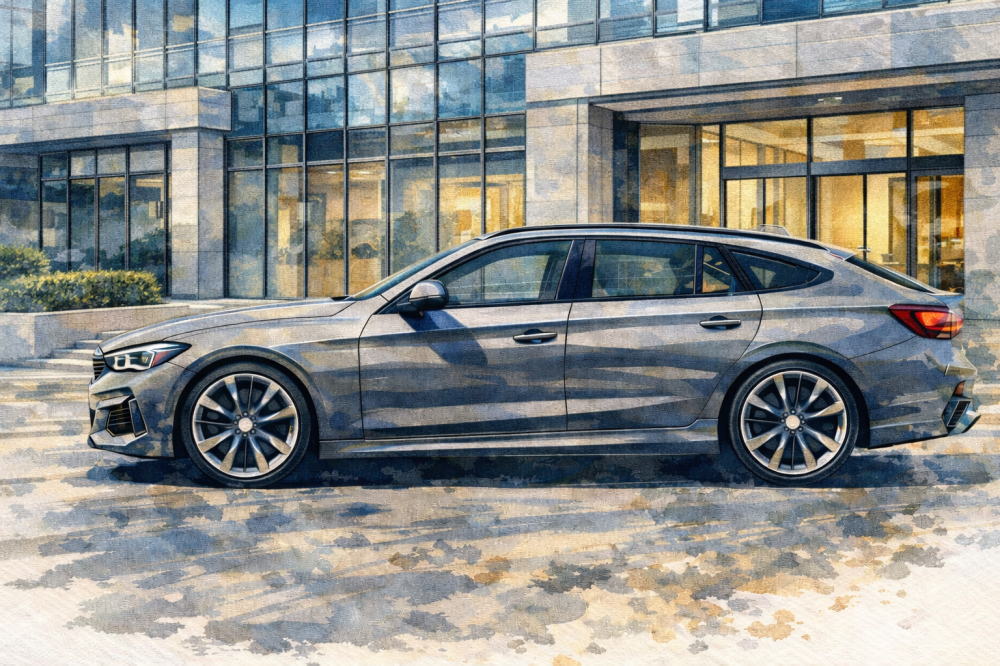 BMW X1は金持ちの車を解説する記事用イメージ画像。オフィスビルと高級車風イラスト。