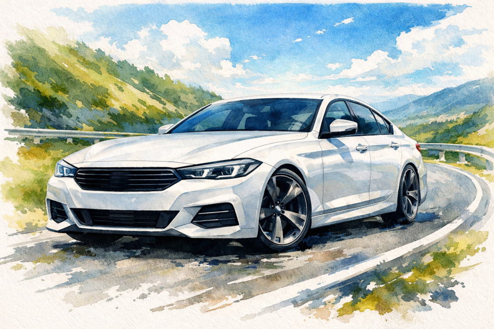 BMW5シリーズに乗る人の特徴を解説する記事用イメージ画像。晴天のワインディングロードと高級車風イラスト。