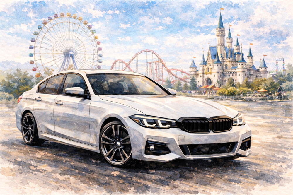 BMW3シリーズに乗る人を解説する記事用イメージ画像。遊園地の見える風景と高級車風イラスト。