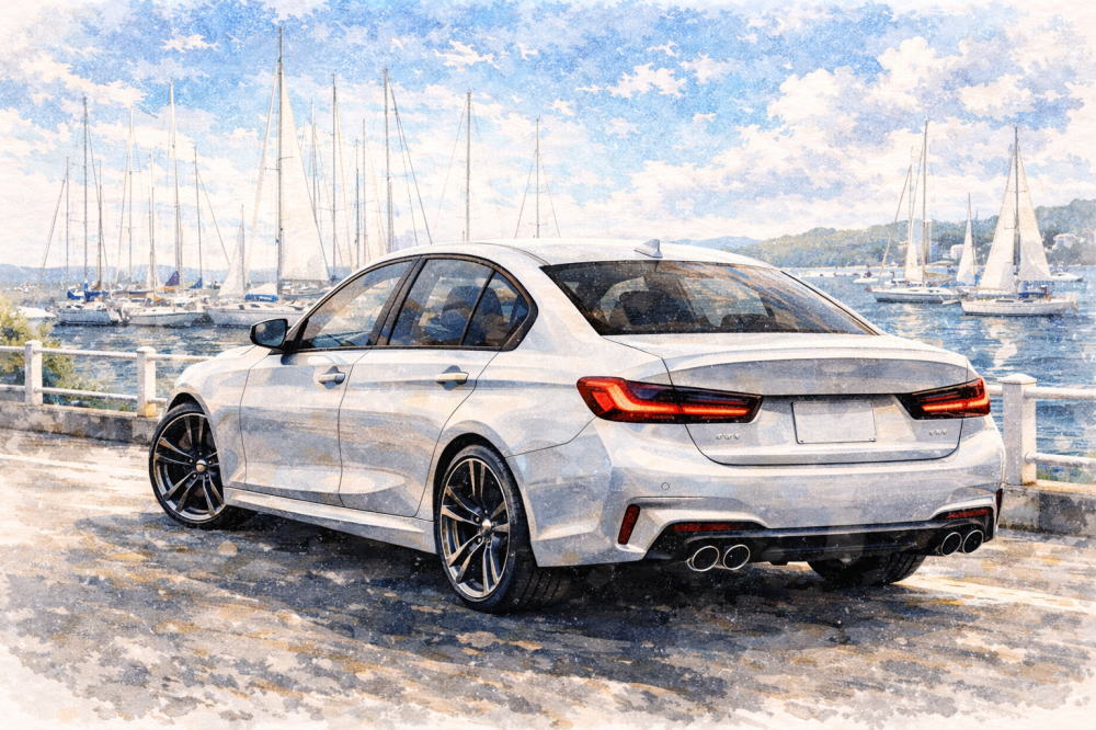 BMW3シリーズに乗る人を解説する記事用イメージ画像。ヨットが見える景色と高級車風イラスト。