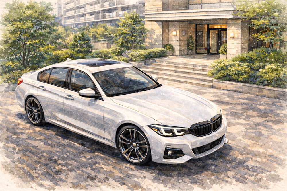 BMW3シリーズに乗る人を解説する記事用イメージ画像。緑のマンションの玄関前と高級車風イラスト。