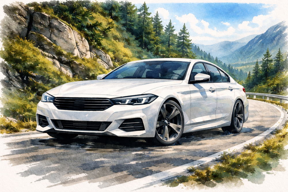 BMW5シリーズに乗る人の特徴を解説する記事用イメージ画像。山道と高級車風イラスト。