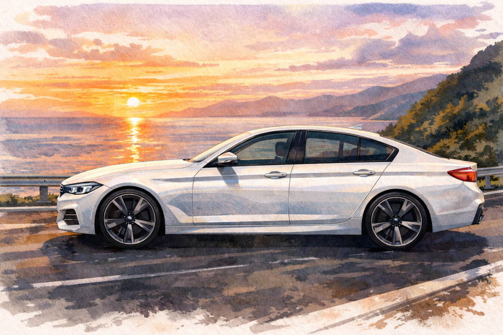 BMW5シリーズに乗る人の特徴を解説する記事用イメージ画像。夕暮れの海沿い道路と高級車風イラスト。