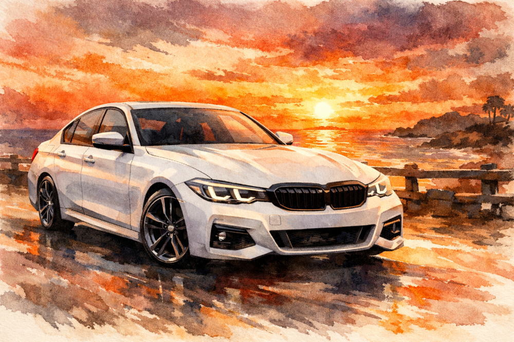 BMW3シリーズで後悔を解説する記事用イメージ画像。夕焼けの海沿いと高級車風イラスト。