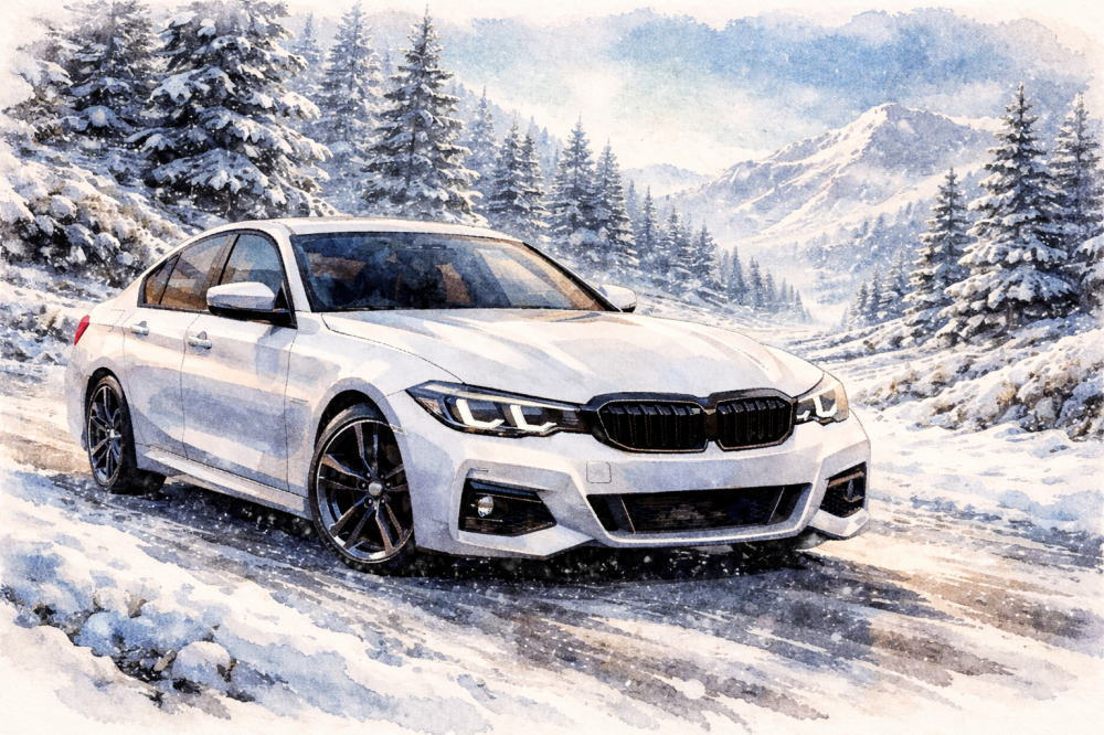 BMW3シリーズで後悔を解説する記事用イメージ画像。雪景色と高級車風イラスト。