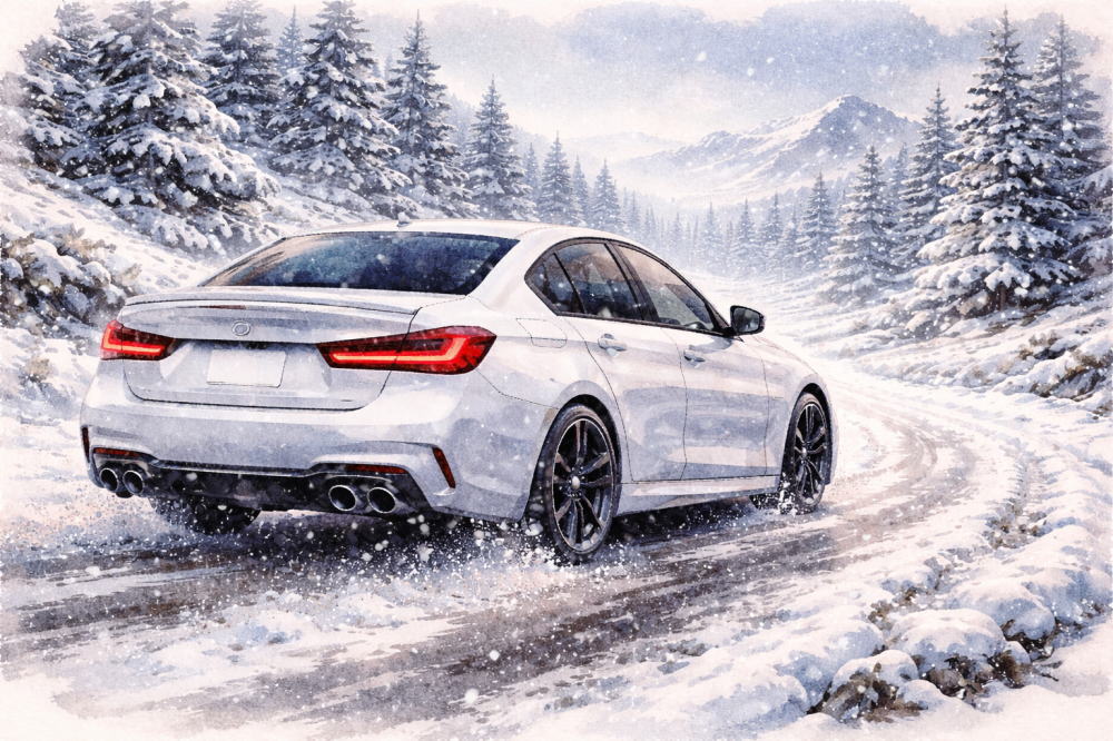 BMW3シリーズで後悔を解説する記事用イメージ画像。雪が降り続く様子と高級車風イラスト。
