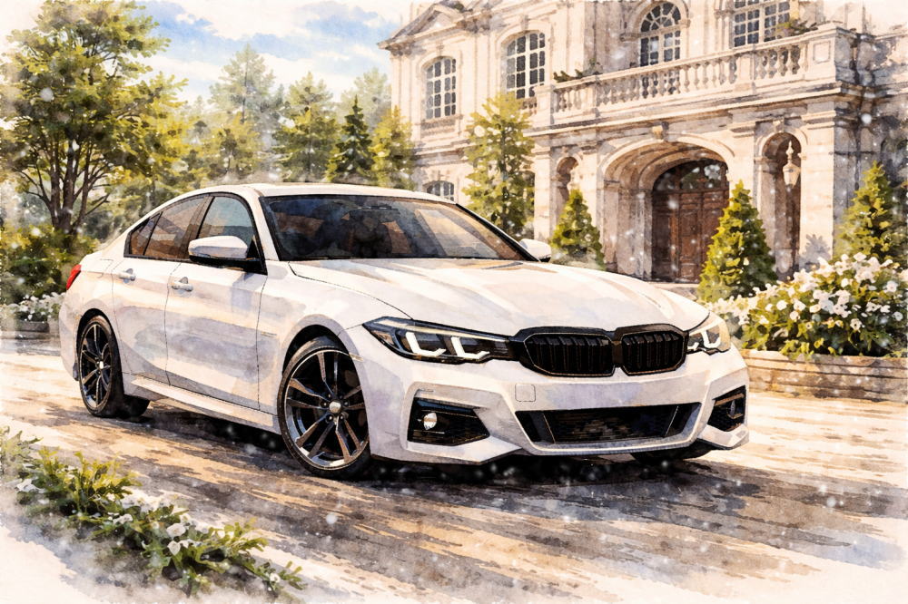 BMW3シリーズで壊れやすい年式を解説する記事用イメージ画像。白い西洋風な建物と高級車風イラスト。