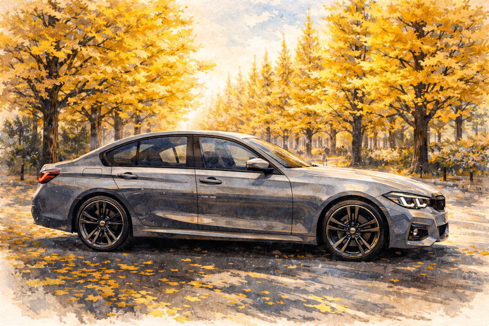 BMW3シリーズで壊れやすい年式を解説する記事用イメージ画像。銀杏並木と高級車風イラスト。