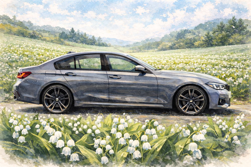 BMW3シリーズで壊れやすい年式を解説する記事用イメージ画像。すずらんの畑と高級車風イラスト。