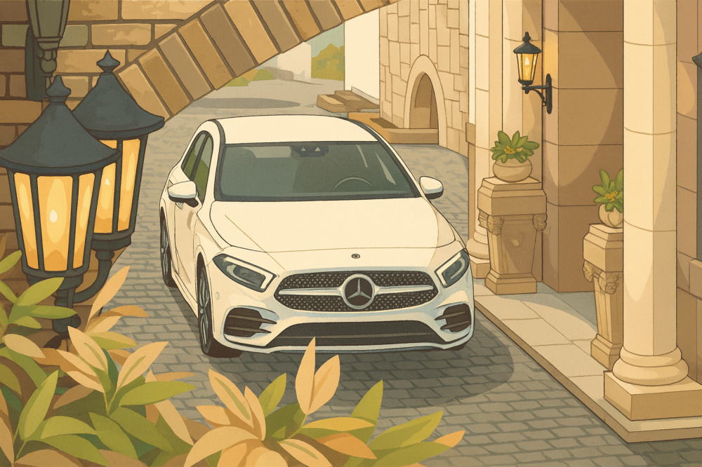 ベンツAクラスのイメージイラスト（ヨーロッパの町並みと白いAクラス）