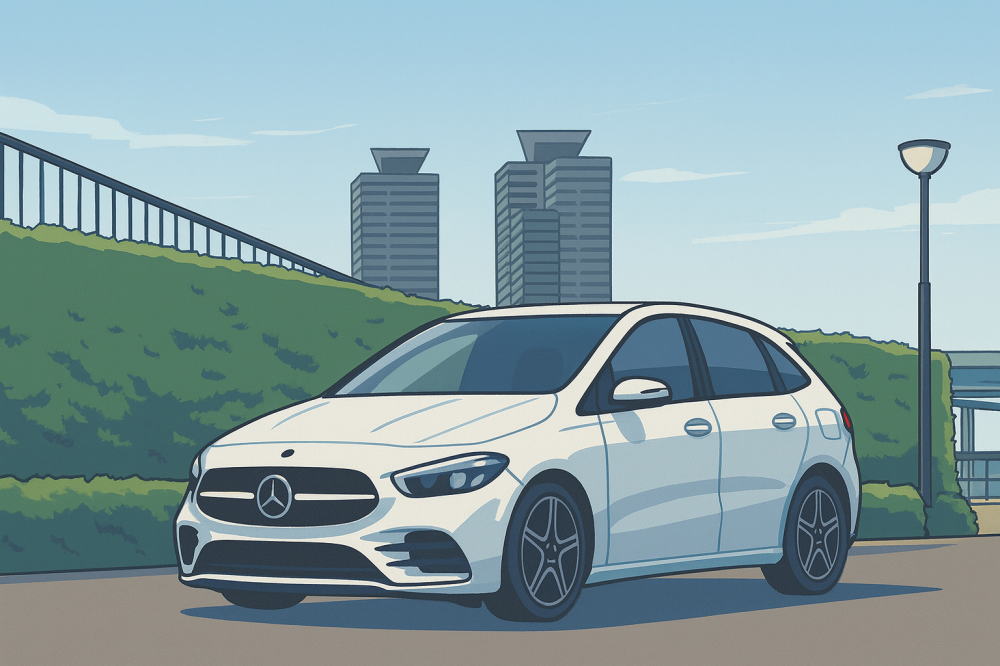 ベンツBクラス（ビルを背景に走る）